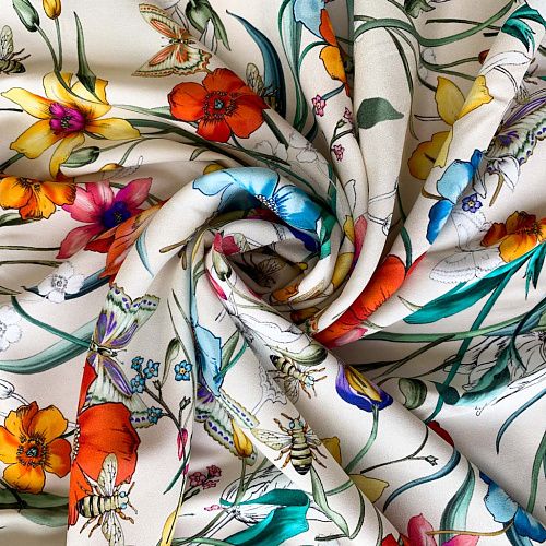 Шелк натуральный К32-159 сливочный принтованный
