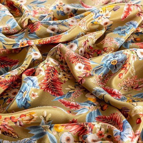 Крепдешин натуральный К27-164 золотисто-оливковый принтованный